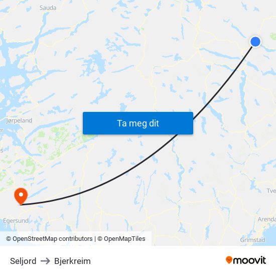 Seljord to Bjerkreim map