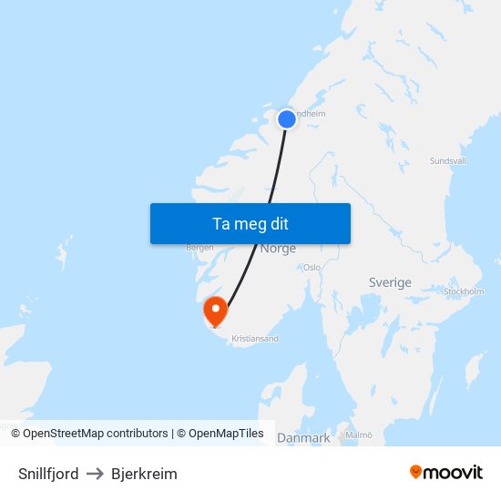 Snillfjord to Bjerkreim map