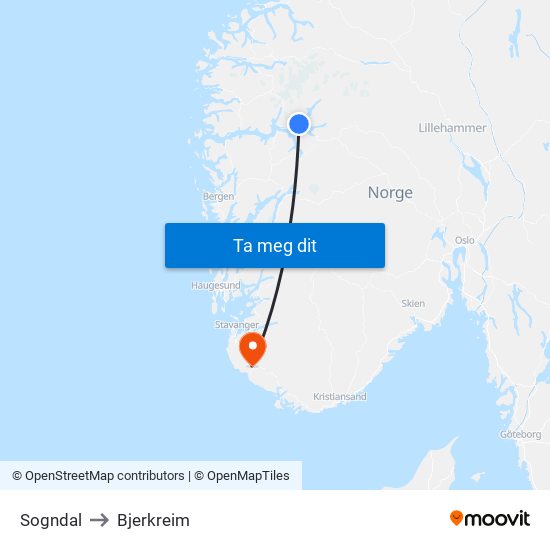 Sogndal to Bjerkreim map