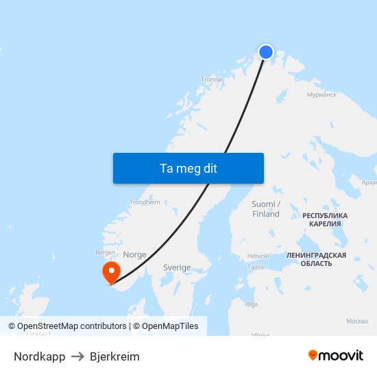 Nordkapp to Bjerkreim map