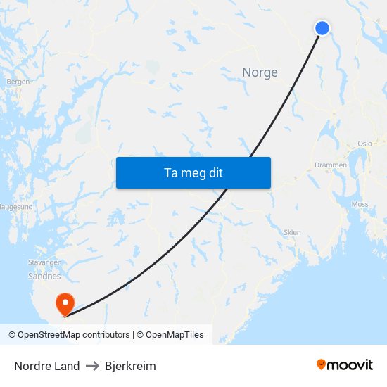 Nordre Land to Bjerkreim map