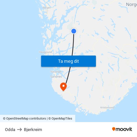 Odda to Bjerkreim map