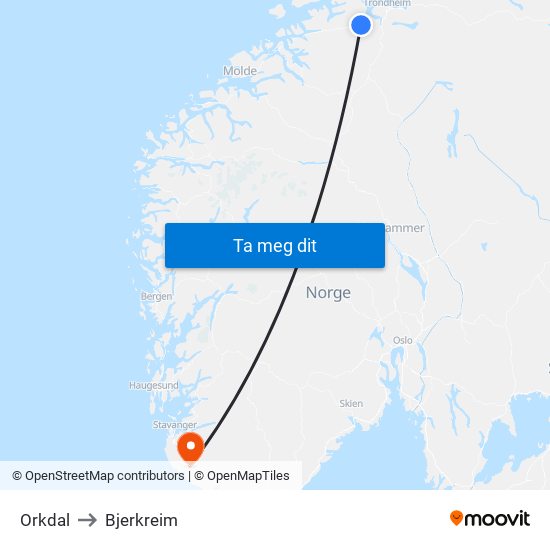 Orkdal to Bjerkreim map