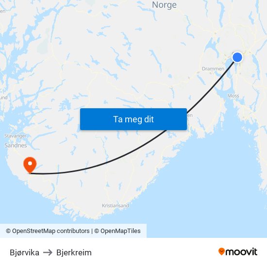 Bjørvika to Bjerkreim map