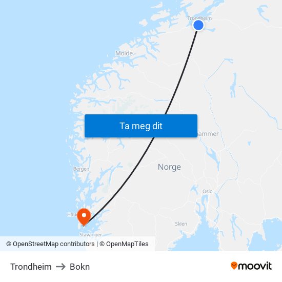 Trondheim to Bokn map