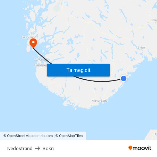 Tvedestrand to Bokn map