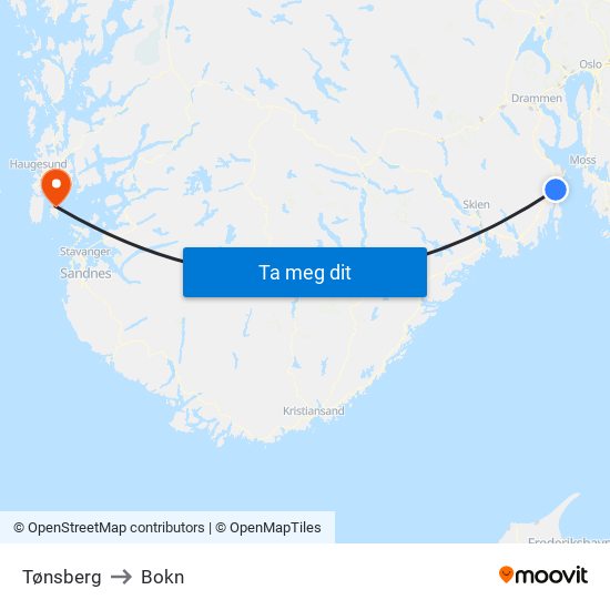 Tønsberg to Bokn map