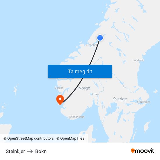 Steinkjer to Bokn map