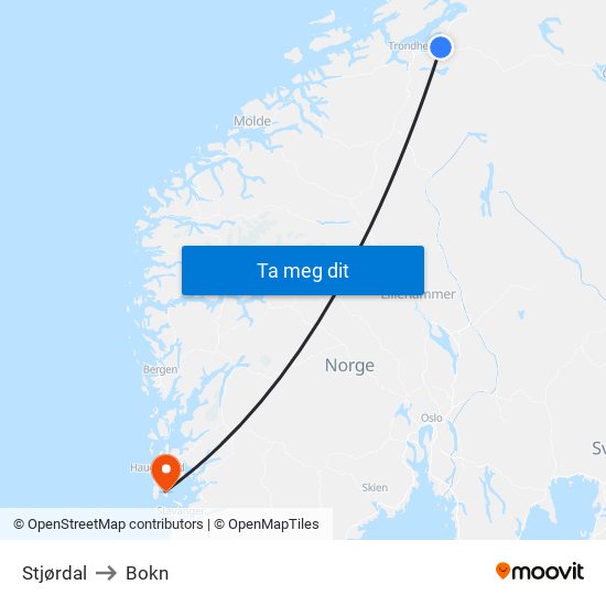 Stjørdal to Bokn map