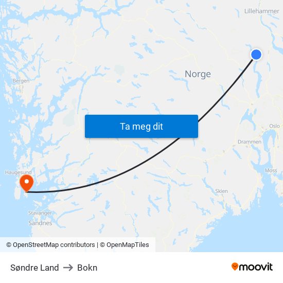 Søndre Land to Bokn map