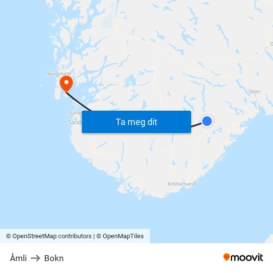 Åmli to Bokn map