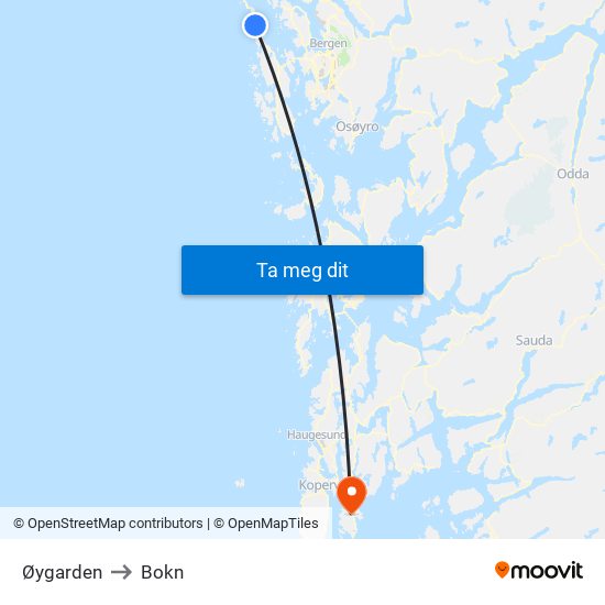 Øygarden to Bokn map