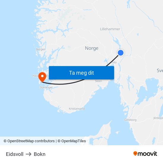 Eidsvoll to Bokn map