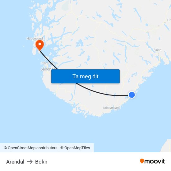 Arendal to Bokn map