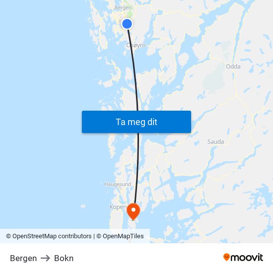 Bergen to Bokn map