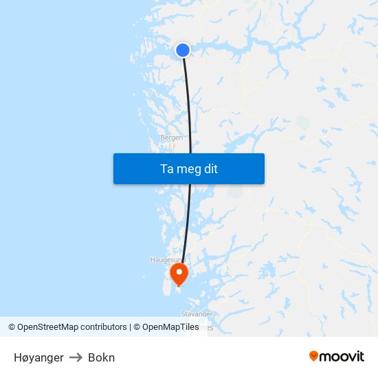 Høyanger to Bokn map