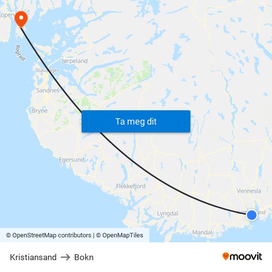 Kristiansand to Bokn map