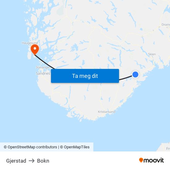 Gjerstad to Bokn map