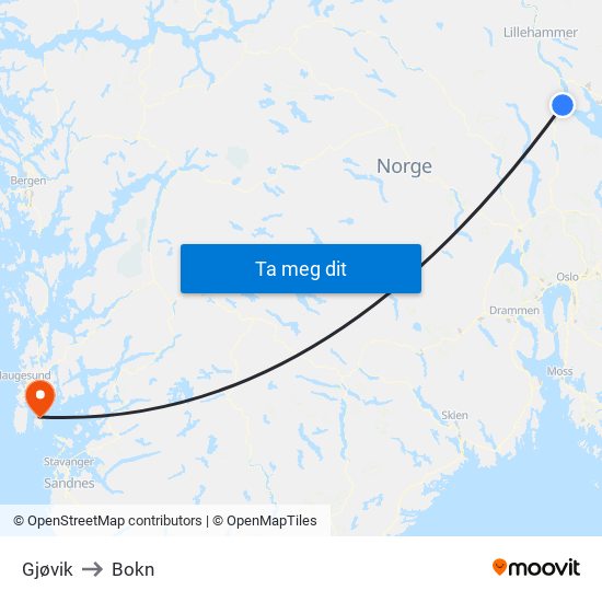 Gjøvik to Bokn map