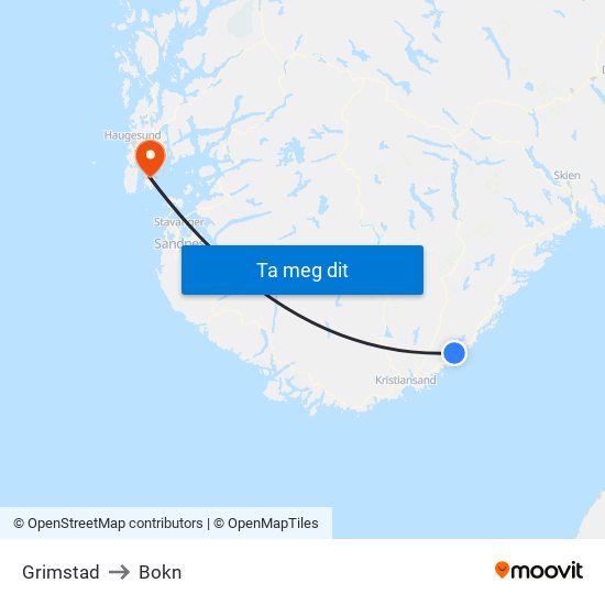 Grimstad to Bokn map