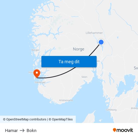 Hamar to Bokn map