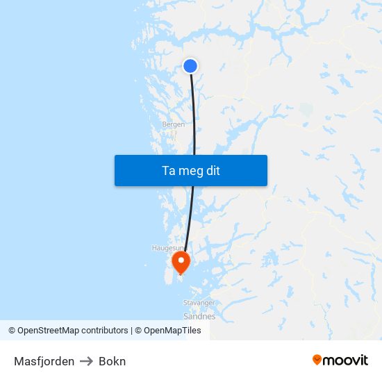 Masfjorden to Bokn map