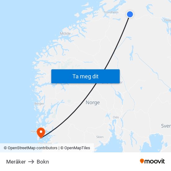 Meråker to Bokn map