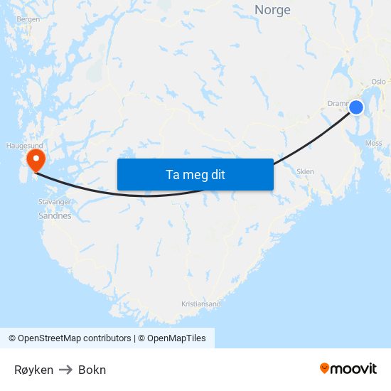 Røyken to Bokn map