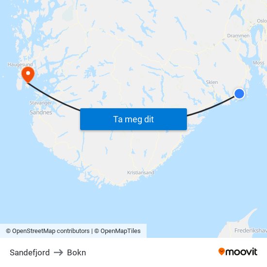 Sandefjord to Bokn map