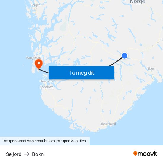 Seljord to Bokn map