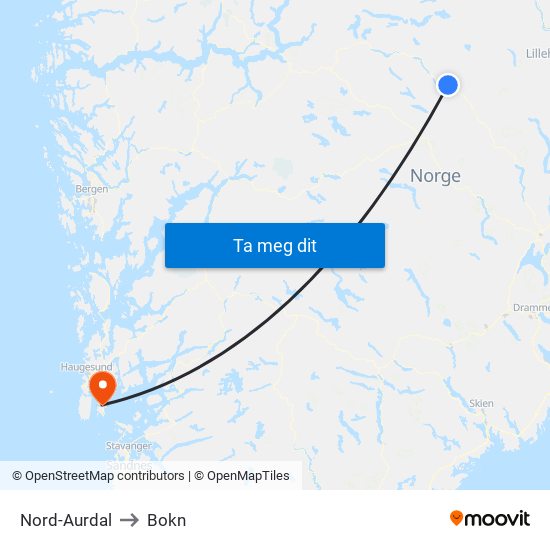 Nord-Aurdal to Bokn map