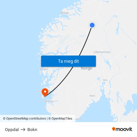 Oppdal to Bokn map