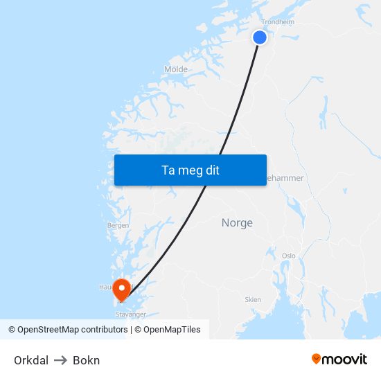 Orkdal to Bokn map