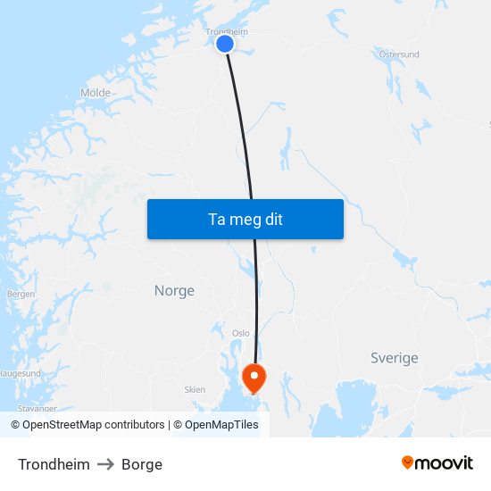 Trondheim to Borge map