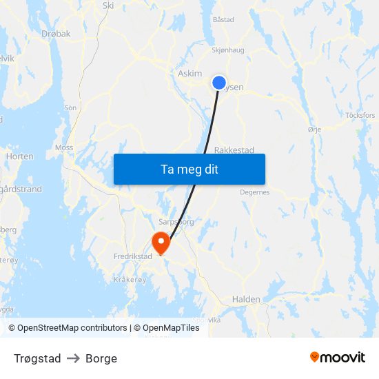 Trøgstad to Borge map