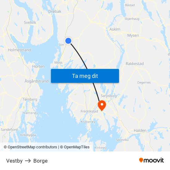 Vestby to Borge map