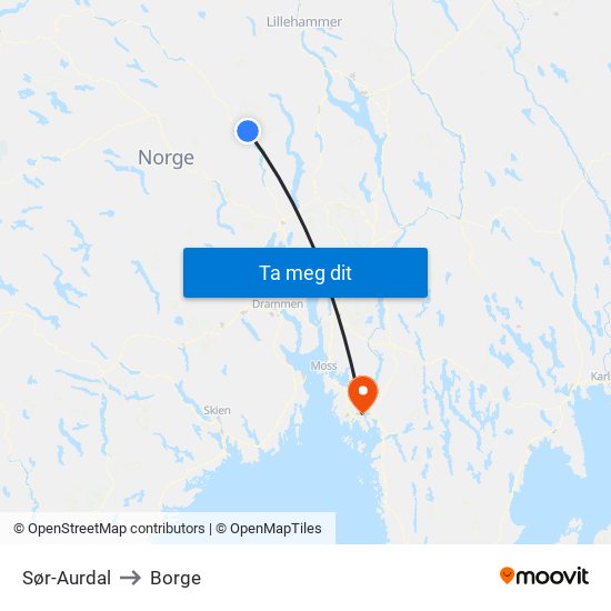 Sør-Aurdal to Borge map