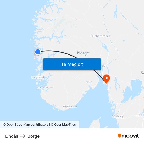 Lindås to Borge map