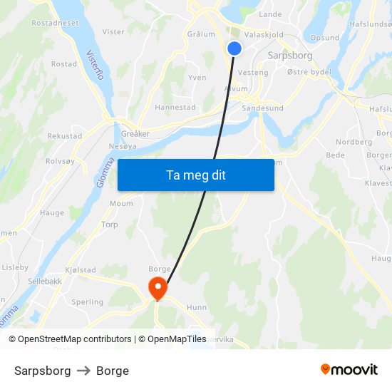 Sarpsborg to Borge map