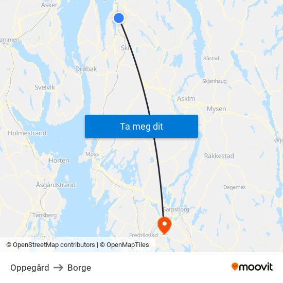 Oppegård to Borge map