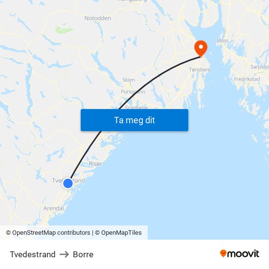 Tvedestrand to Borre map