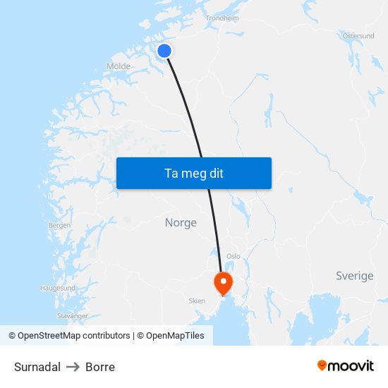 Surnadal to Borre map