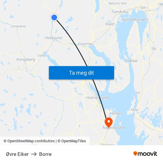 Øvre Eiker to Borre map
