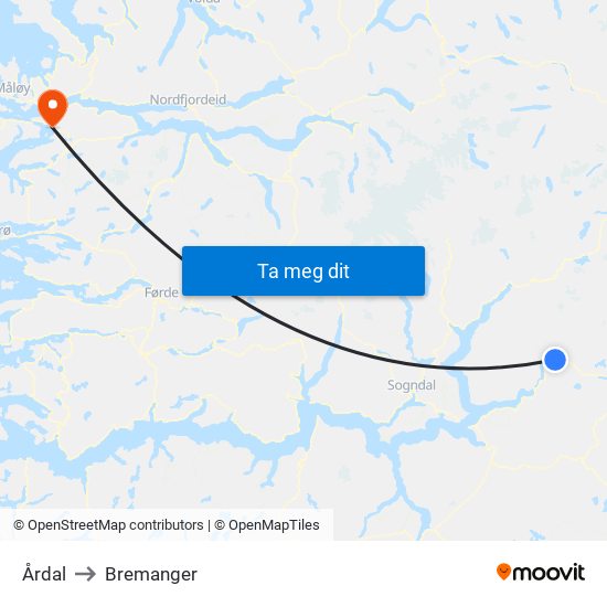 Årdal to Bremanger map