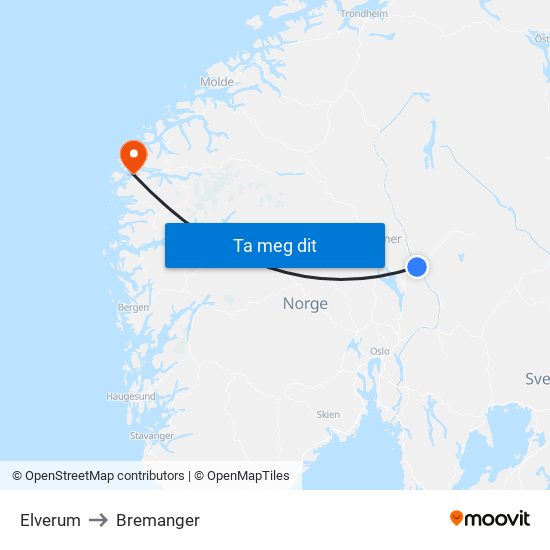 Elverum to Bremanger map