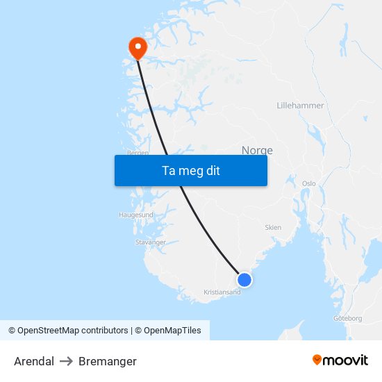 Arendal to Bremanger map