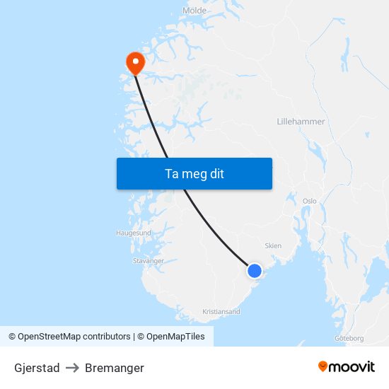 Gjerstad to Bremanger map