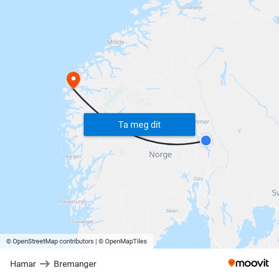 Hamar to Bremanger map