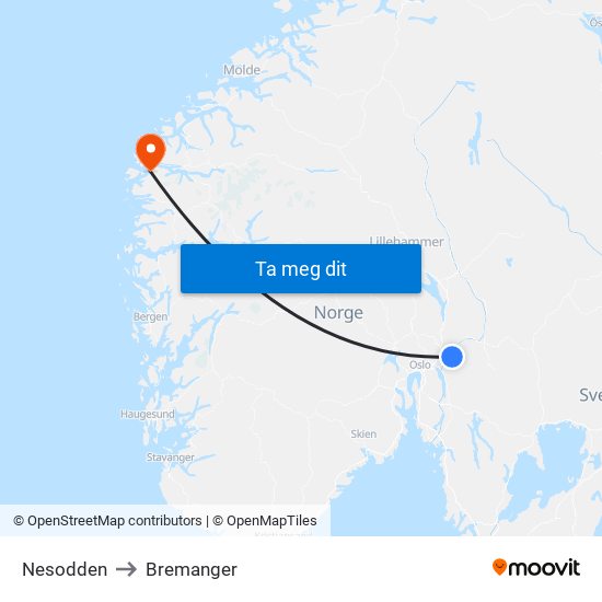 Nesodden to Bremanger map