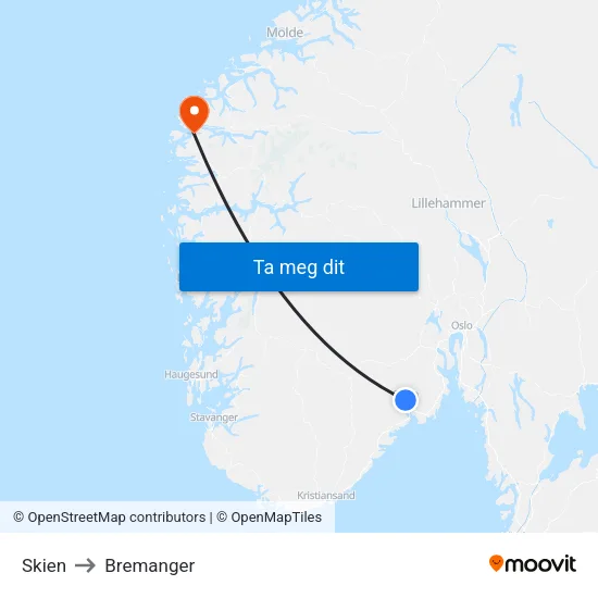 Skien to Bremanger map